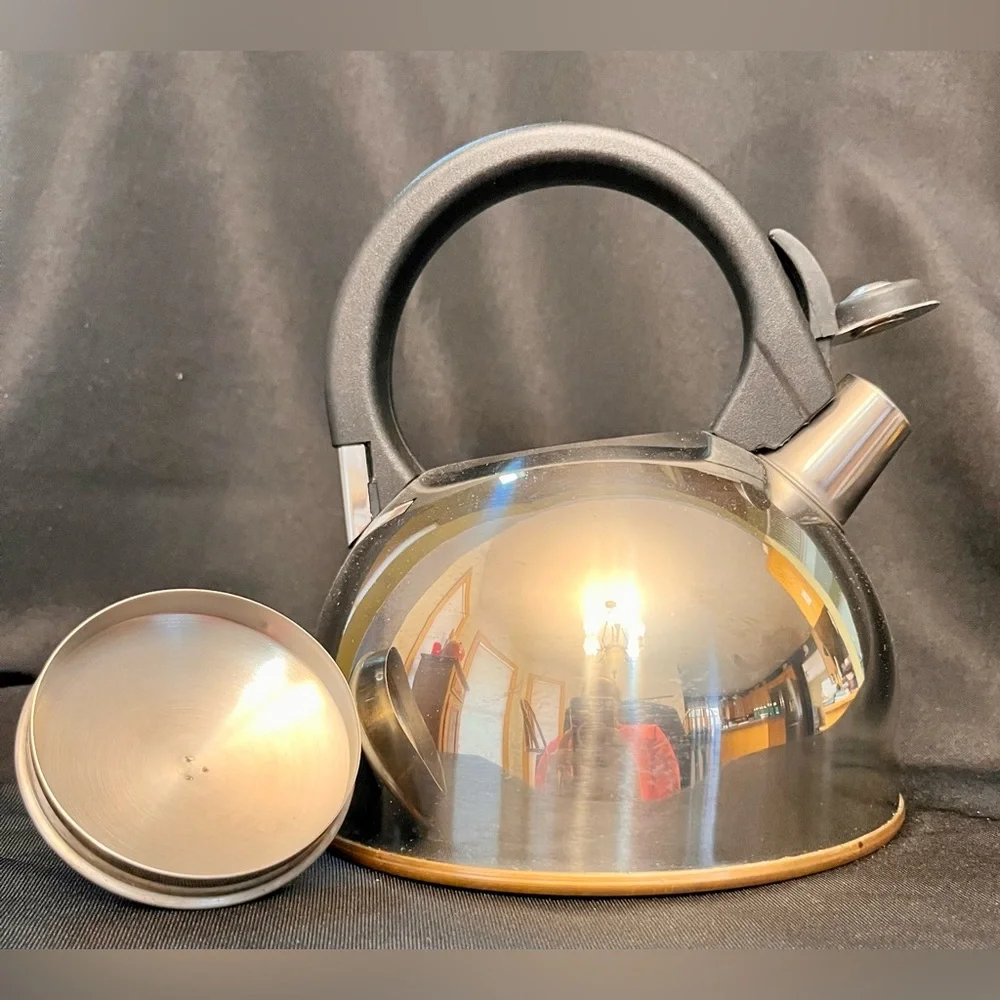 Vintage Copco 1213 Stainless Steel Copper Bottom Whistling Tea Kettle Small 6x7”